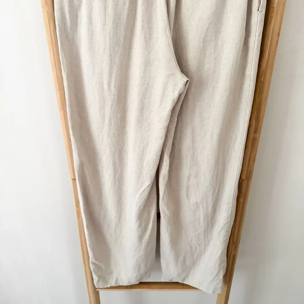 Zara Linen Blend Wide Leg Pants Beige Oatmeal Elastic Waist Size M EUC